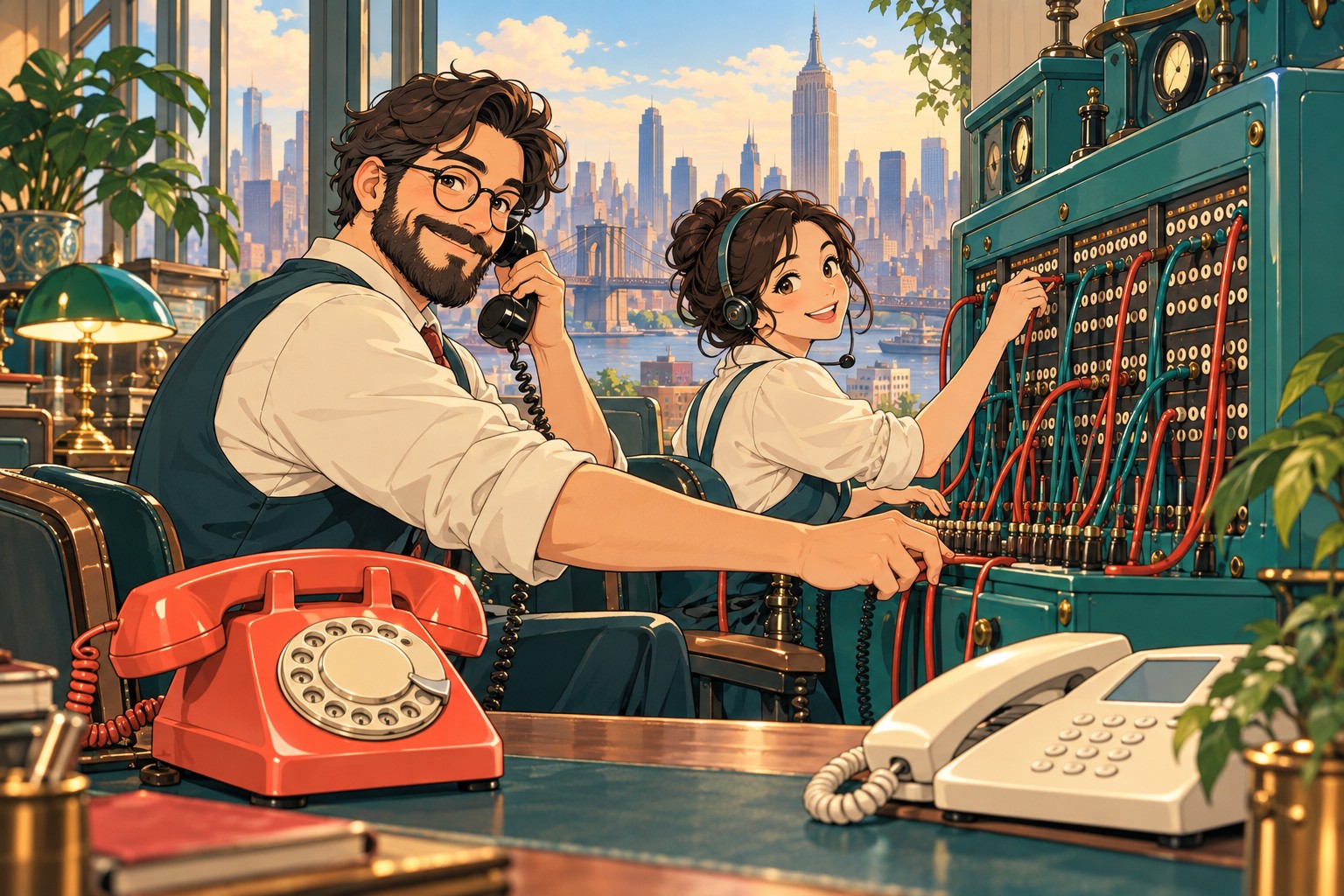 Two cheerful illustrated telephone operators connect calls at a vintage switchboard, with the New York skyline behind them.